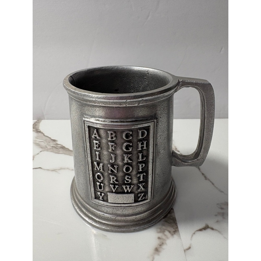 Vintage Pewter Alphabet Tankard ABC Raised Metal Mug Grey Stein